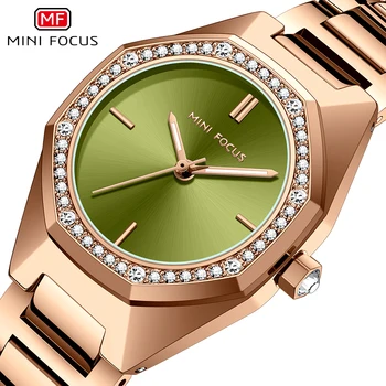 Простые аналоговые кварцевые часы MINI FOCUS Женские наручные часы с ремешком из розового золота и нержавеющей стали с восьмиугольным корпусом и зеленым циферблатом 0433