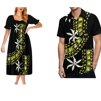 Черное платье с глубоким вырезом и принтом, полинезийская мода, гавайский комплект для пары, женское платье, мужская повседневная рубашка