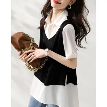 Модная роскошная женская рубашка в стиле пэчворк Женская блузка с принтом во французском стиле Весна Лето Топы с коротким рукавом blusa mujer