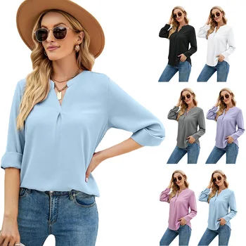 Женская весенне-летняя новая однотонная шифоновая рубашка, свободный пуловер с V-образным вырезом, блузка-рубашка с длинными рукавами